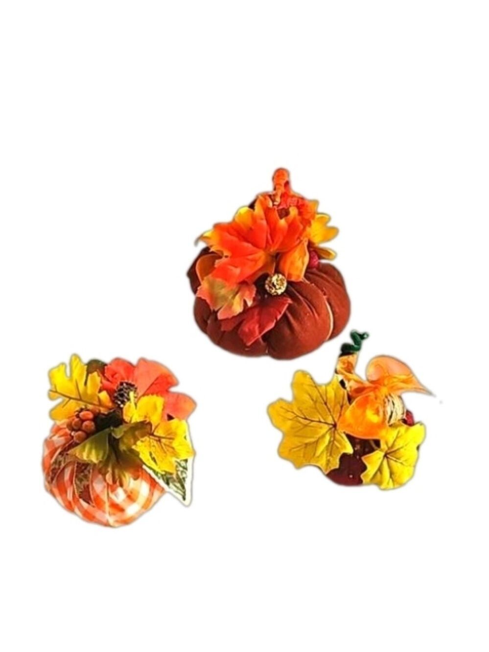 Hand Crafted Harvest Fabric Pumpkins 3Set Orange Farmhouse Handmade Autum Decor